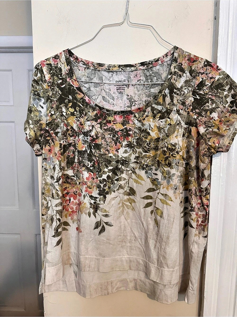 Pure Jill J.Jill 100% Pima Cotton Floral High-Low Hem Tee Top Olive Pink Petite